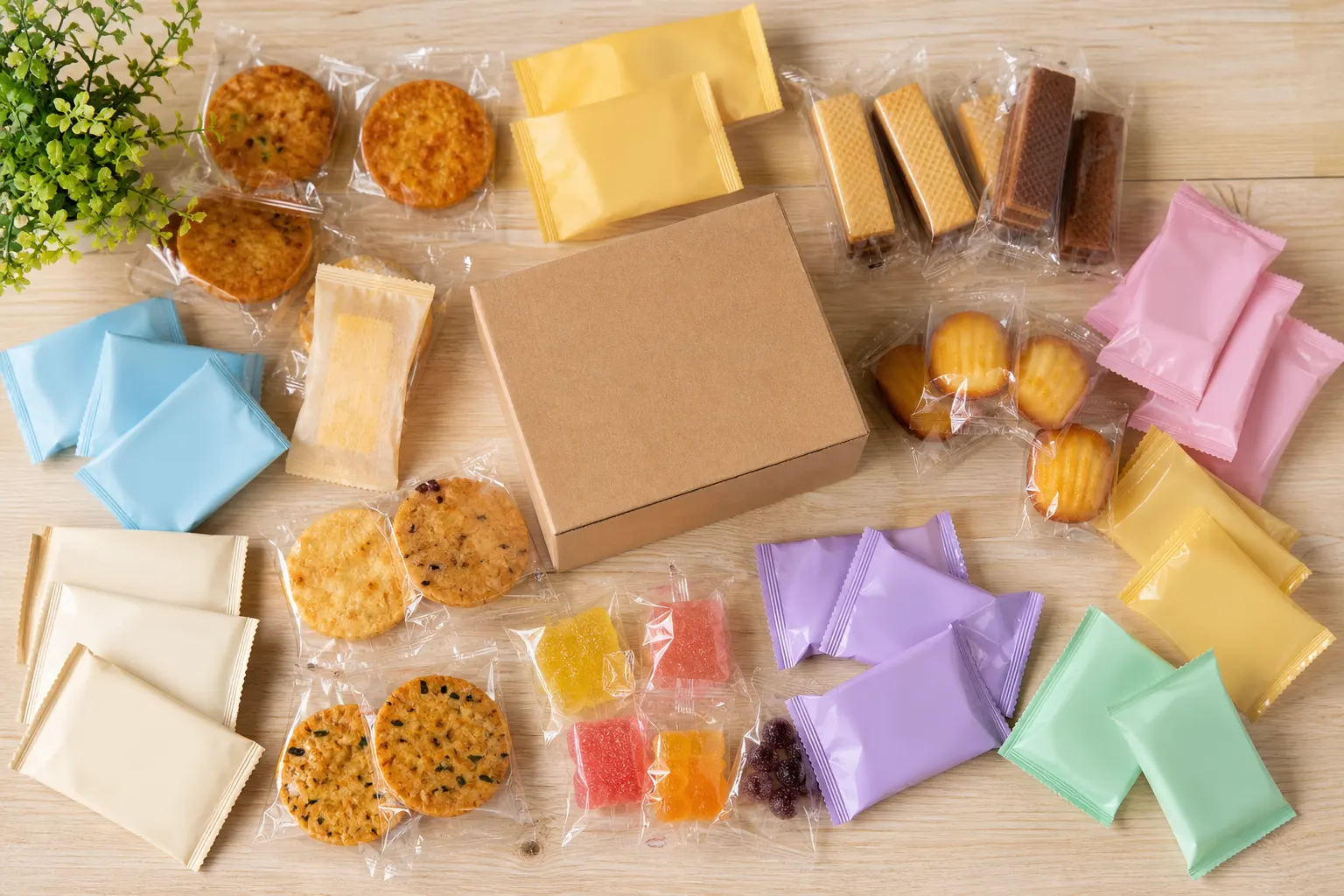 An unbranded assortment of individually sealed snacks