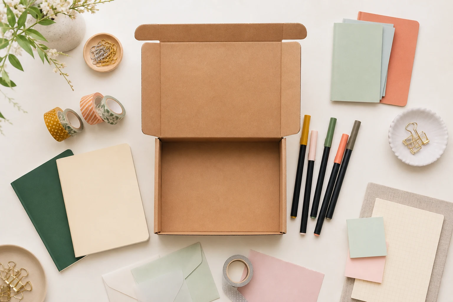 An unbranded stationery subscription selection on a light table