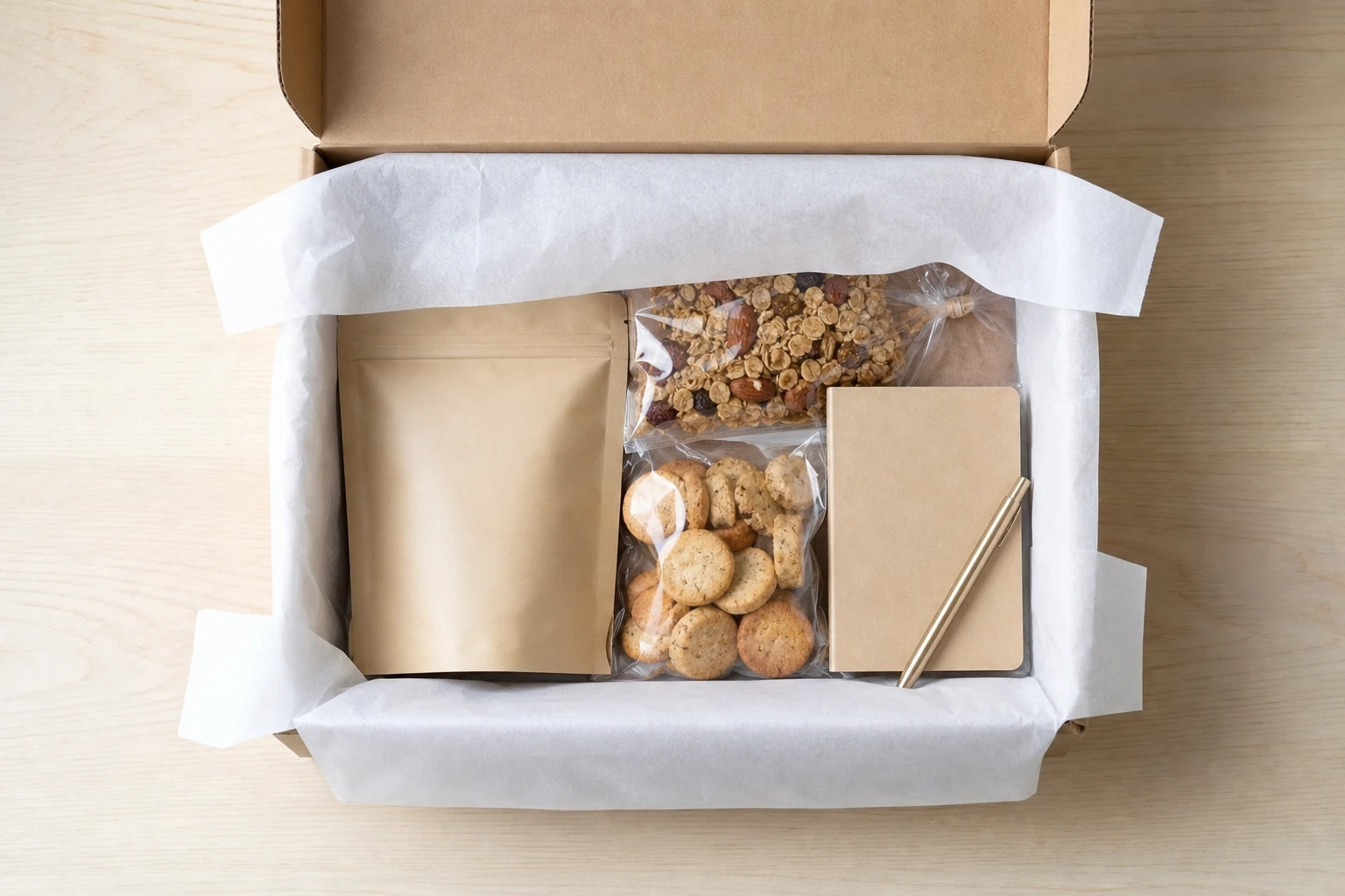 An unbranded subscription box being opened from above