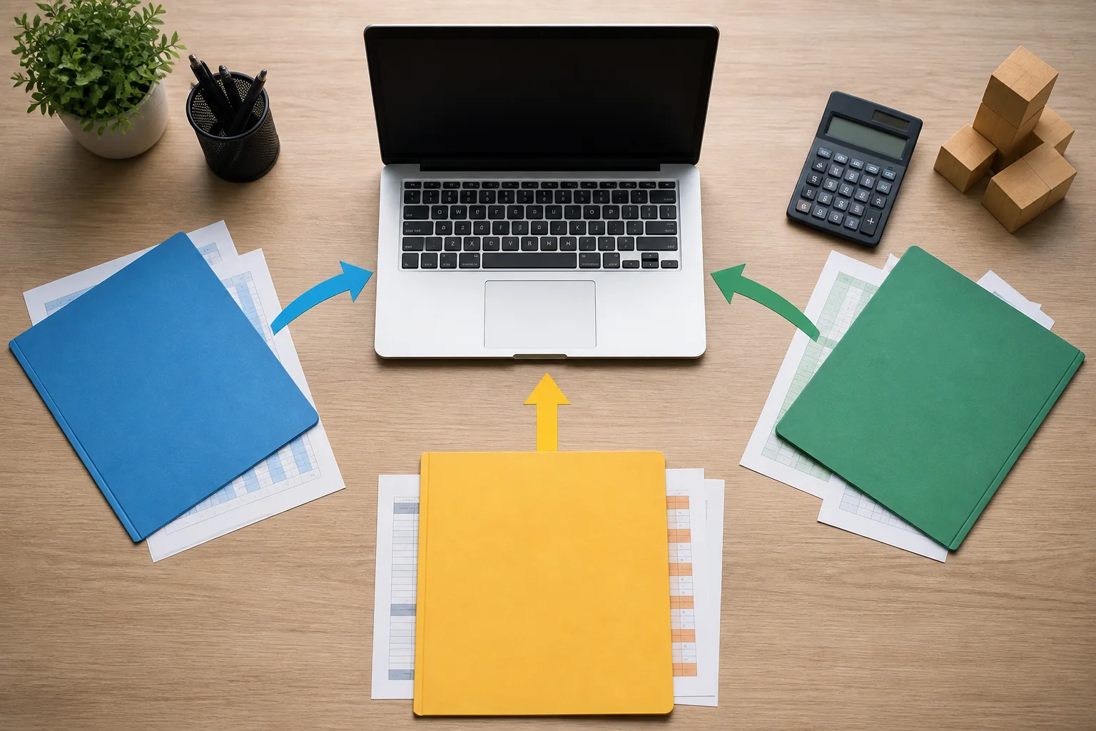 Unbranded accounting folders arranged for a consolidation workflow