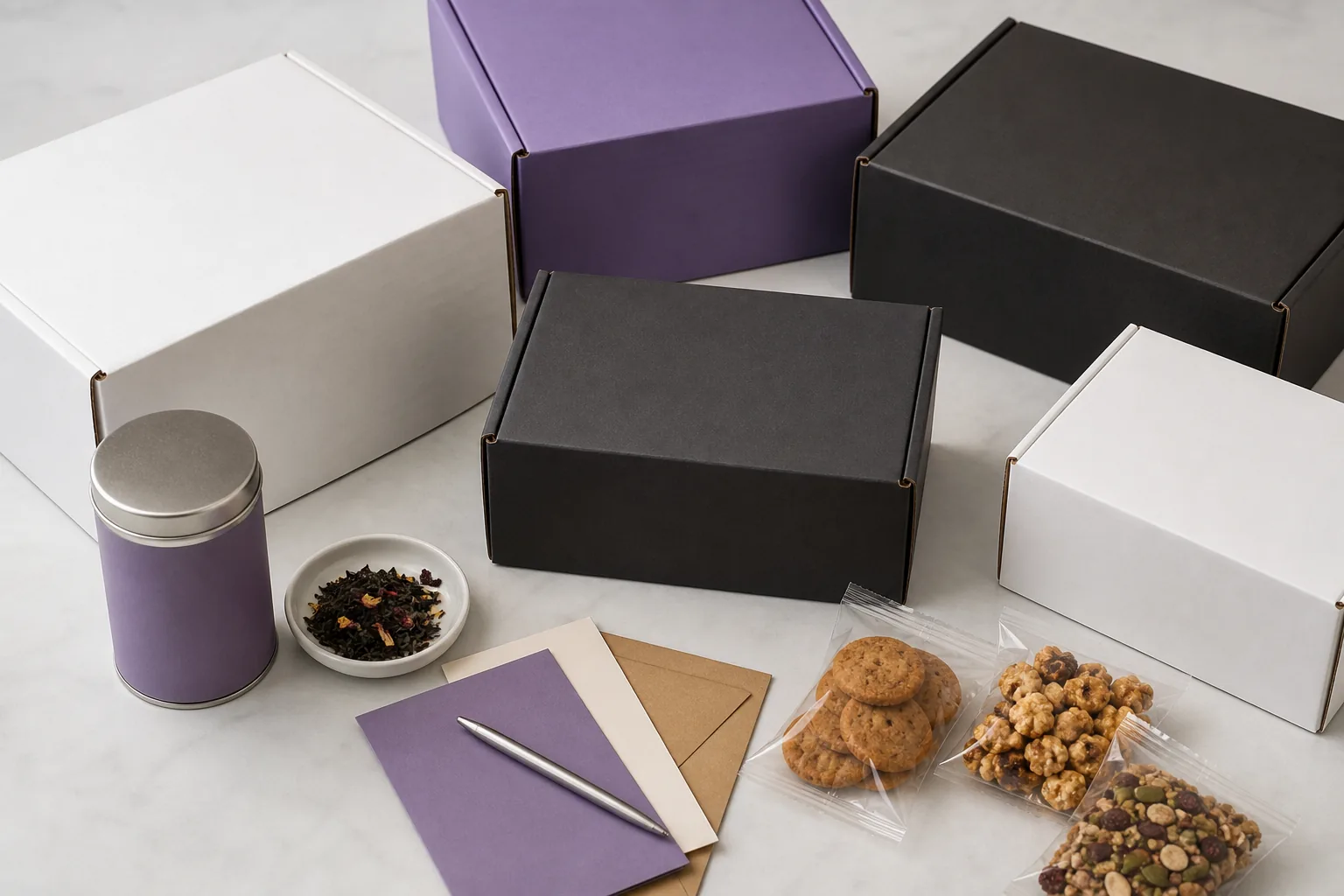 Unbranded subscription boxes with tea, stationery, and sealed snacks