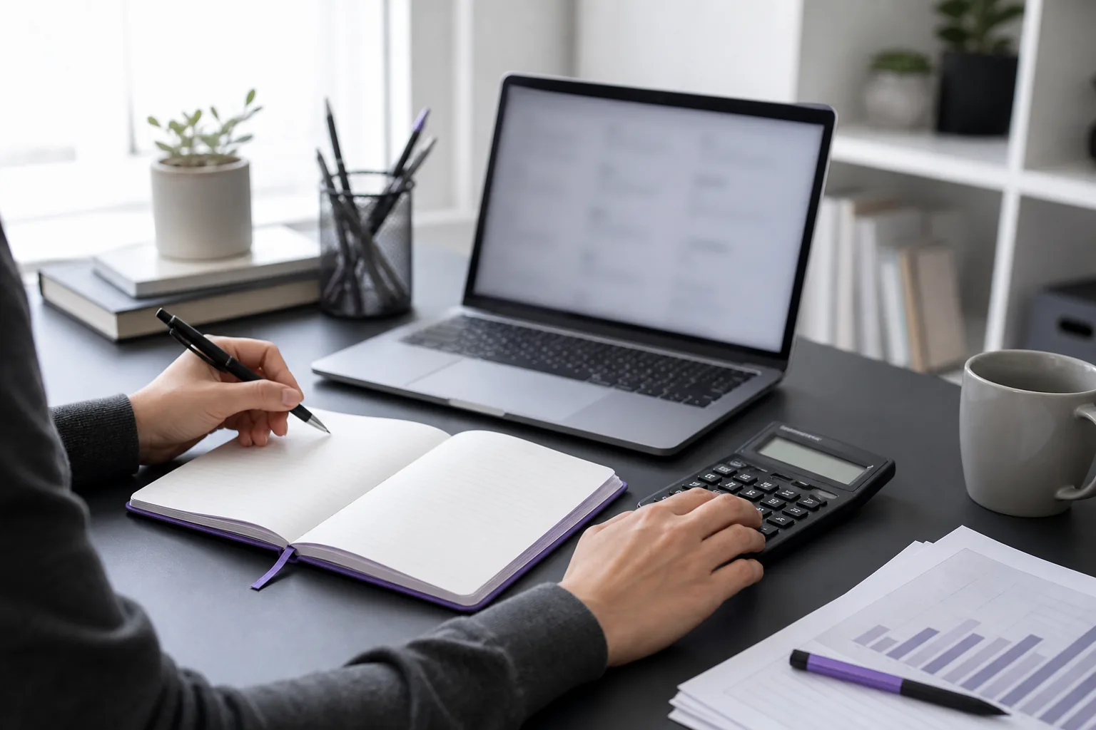 An independent worker comparing subscription costs at a laptop